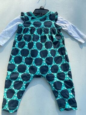 Tea collection Teal & Navy Apple Print Baby Romper with Long-Sleeve sz 3/6mths